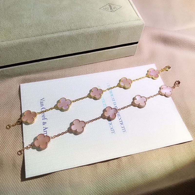 Van Cleef & Arpels Pink Opal Vintage Alhambra 5 Motif White Gold Bracelet