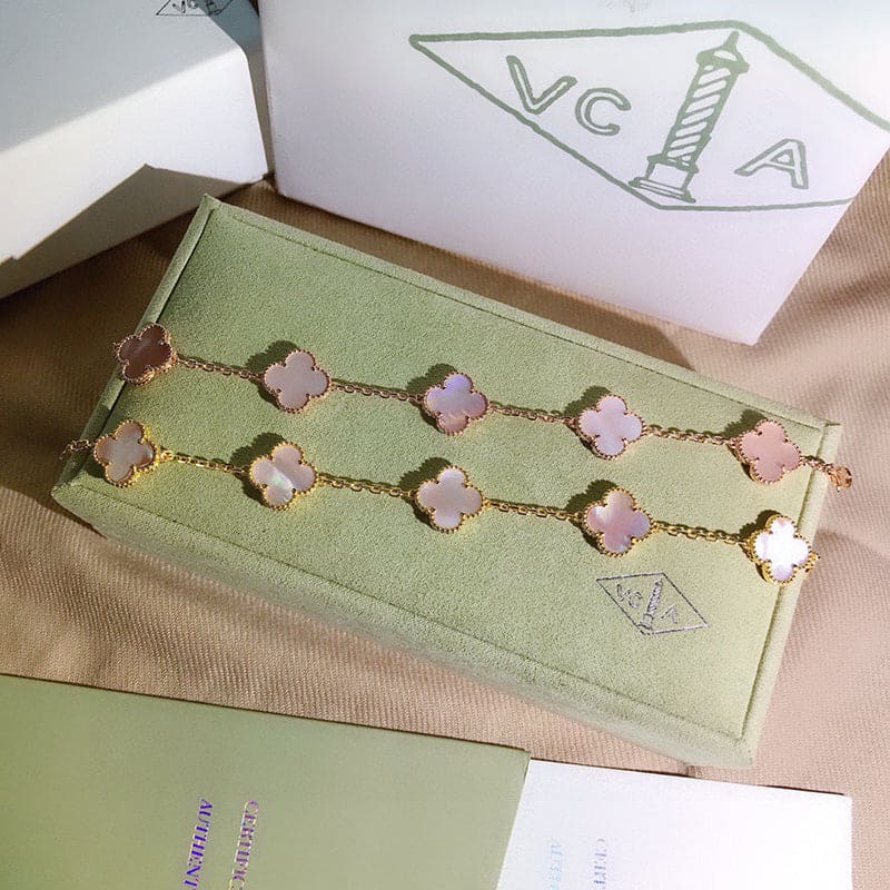 Van Cleef & Arpels Pink Opal Vintage Alhambra 5 Motif White Gold Bracelet